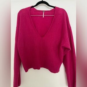 Free People Fuchsia V-Neck Sweater 100% Cashmere